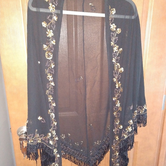Accessories - Shawl beaded black chiffon fringe